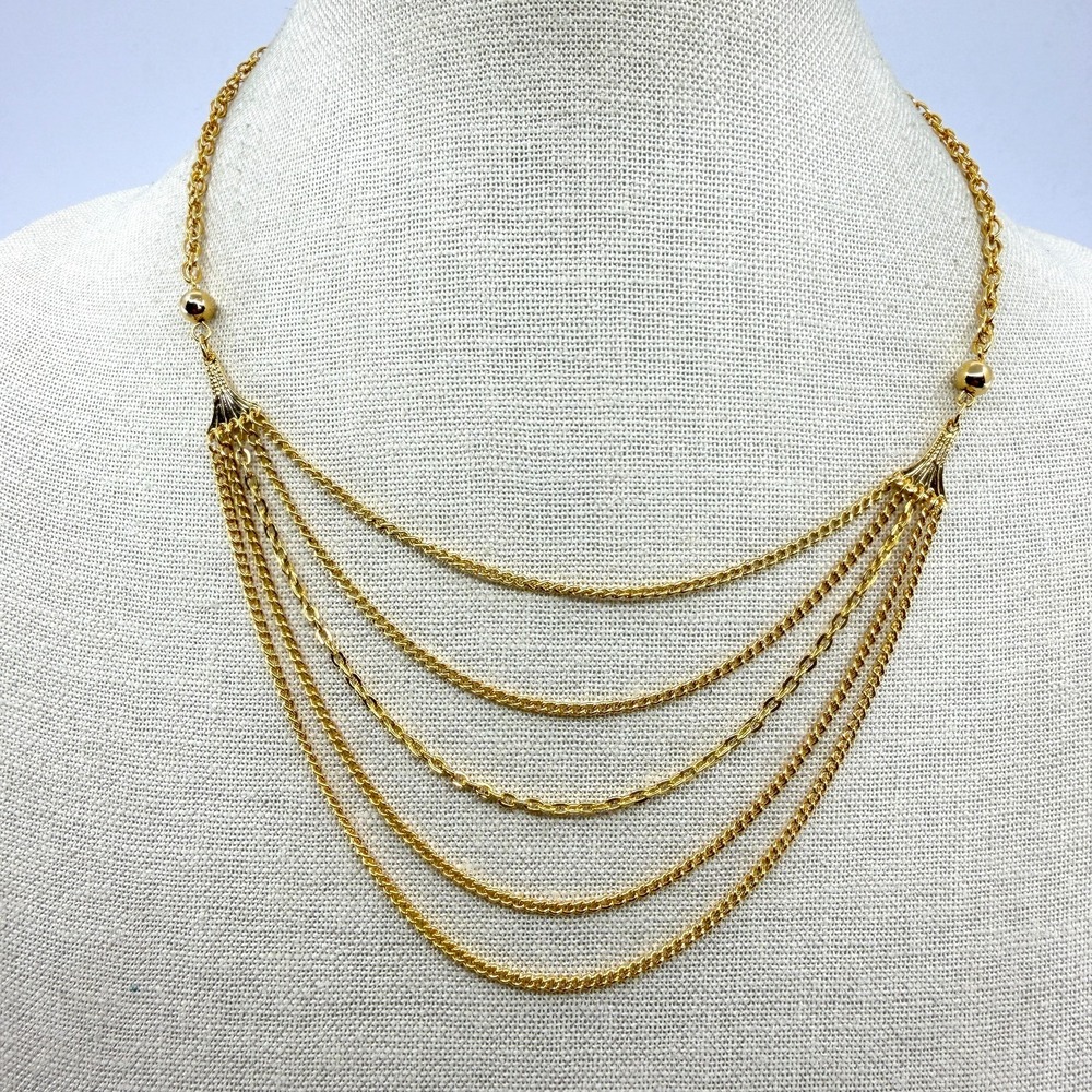 Gold Tone Multi Strand Statement Necklace Layer Chain Boho Romantic Elegant Gift